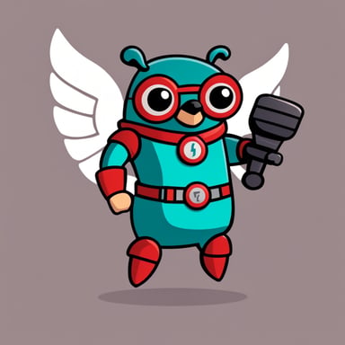 Go Blue Gopher as a robot with red falcon wings in a heroic pose, with a green B letter on his chest, cartoon style.