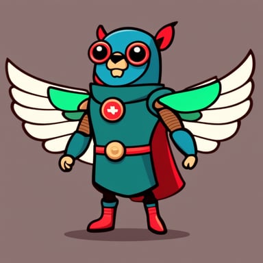 Go Blue Gopher as a robot with red falcon wings in a heroic pose, with a green B letter on his chest, cartoon style.