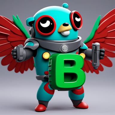 Go Blue Gopher as a robot with red falcon wings in a heroic pose, with a green B letter on his chest, cartoon style.