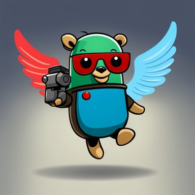 Go Blue Gopher as a robot with red wings in a heroic pose, with a small green B letter on his chest, cartoon style.