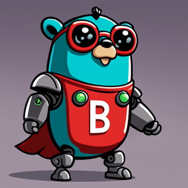 Go Blue Gopher as a robot with red wings in a heroic pose, with a small green B letter on his chest, cartoon style.