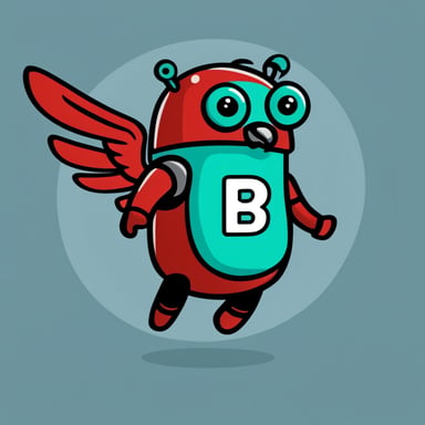 Go Blue Gopher as a robot with red wings in a heroic pose, with a small green B letter on his chest, cartoon style.
