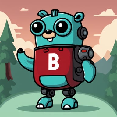 Go Blue Gopher as a robot with red wings in a heroic pose, with a small green B letter on his chest, cartoon style.