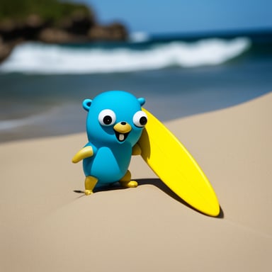 A go blue gopher with a tiny surfboard, ready to catch the waves.
