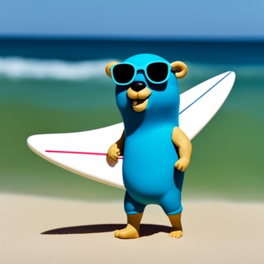 A go blue gopher with a tiny surfboard, ready to catch the waves.