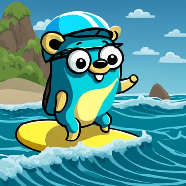 A go blue gopher with a tiny surfboard, ready to catch the waves.