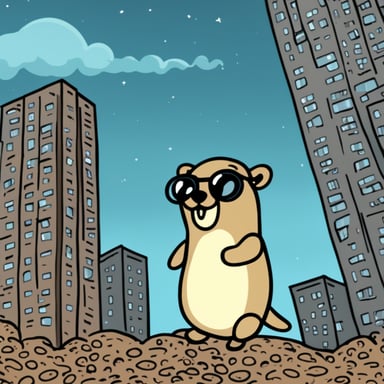 Go blue gopher explores the big skyscrapers in the overcrowded slum of Kudrovo.