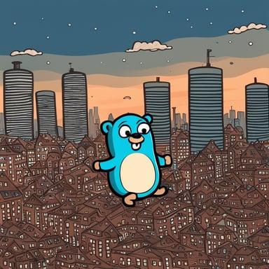 Go blue gopher explores the big skyscrapers in the overcrowded slum of Kudrovo.