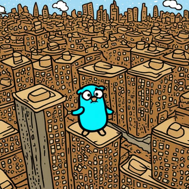 Go blue gopher explores the big skyscrapers in the overcrowded slum of Kudrovo.