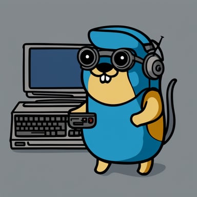 A bearded Go Blue Gopher with an old computer.