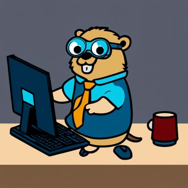A bearded Go Blue Gopher with an old computer.