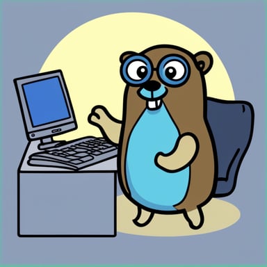 A bearded Go Blue Gopher with an old computer.