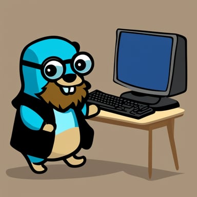 A bearded Go Blue Gopher with an old computer.