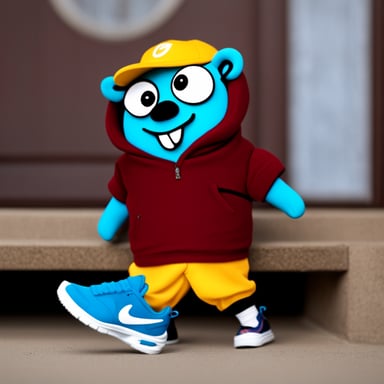 Go Blue Gopher wearing baggy clothes and Nikes.
