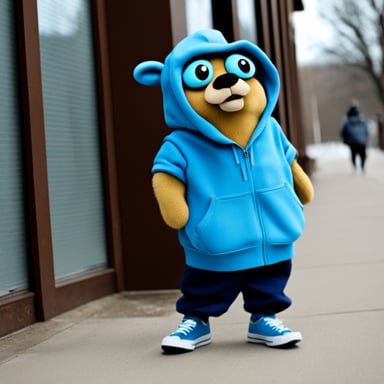 Go Blue Gopher wearing baggy clothes and Nikes.