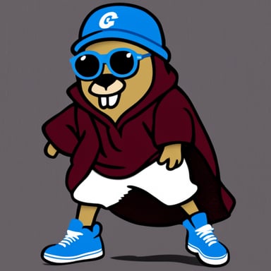 Go Blue Gopher wearing baggy clothes and Nikes.