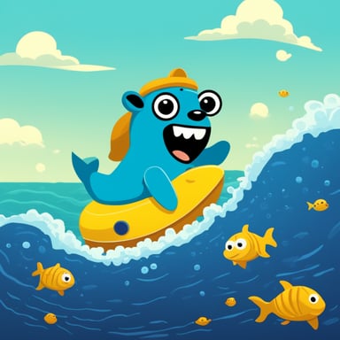 Happy Go Blue Gopher riding on a petrol-colored shark in the seas.