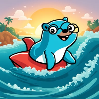 Happy Go Blue Gopher riding on a petrol-colored shark in the seas.