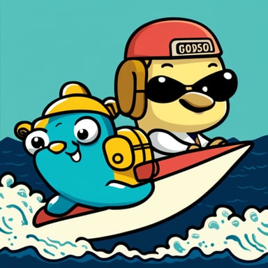Happy Go Blue Gopher riding on a petrol-colored shark in the seas.