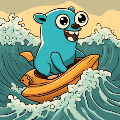Happy Go Blue Gopher riding on a petrol-colored shark in the seas.