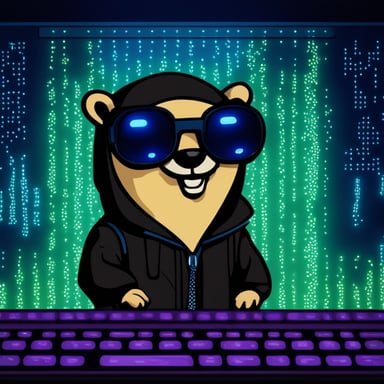 Go Blue Gopher as the cyberpunk hacker in the security matrix, flashing an evil grin.
