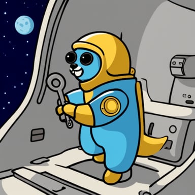Go Blue Gopher on a spaceship, wearing a blue spacesuit, with a round visor, is also holding a spanner.