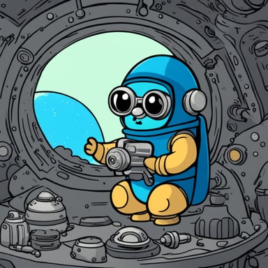Go Blue Gopher on a spaceship, wearing a blue spacesuit, with a round visor, is also holding a spanner.