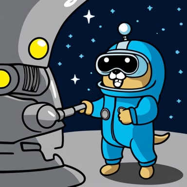 Go Blue Gopher on a spaceship, wearing a blue spacesuit, with a round visor, is also holding a spanner.