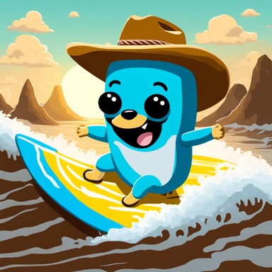 Go blue gopher, wearing a cowboy hat and riding on a neon shark, is surfing a big wave.