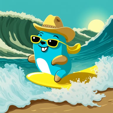 Go blue gopher, wearing a cowboy hat and riding on a neon shark, is surfing a big wave.