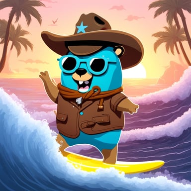 Go blue gopher, wearing a cowboy hat and riding on a neon shark, is surfing a big wave.
