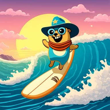 Go blue gopher, wearing a cowboy hat and riding on a neon shark, is surfing a big wave.