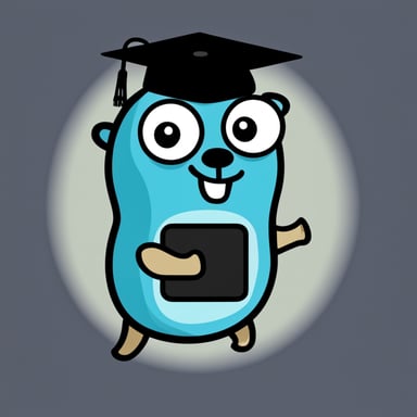 Go Blue Gopher, with a black square PhD cap and a pair of eyes, smiling at you.