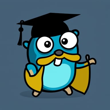 Go Blue Gopher, with a black square PhD cap and a pair of eyes, smiling at you.