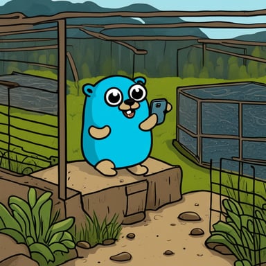 Go Blue Gopher looking at his cellphone while at the edge of a fish farm cage.