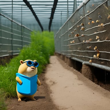 Go Blue Gopher looking at his cellphone while at the edge of a fish farm cage.