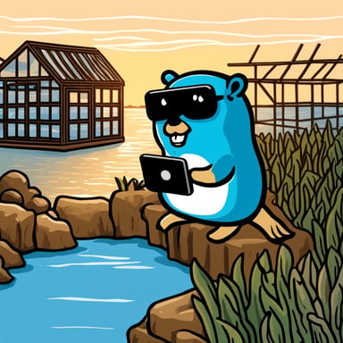 Go Blue Gopher looking at his cellphone while at the edge of a fish farm cage.