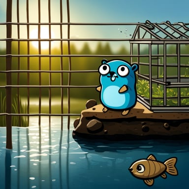 Go Blue Gopher looking at his cellphone while at the edge of a fish farm cage.