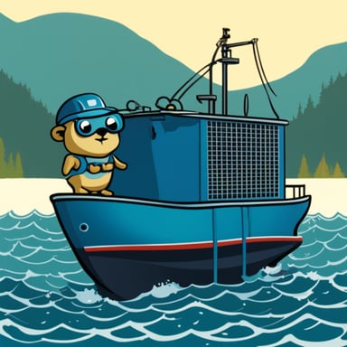 Go Blue Gopher inspecting deep sea fish farming cages from a service boat.