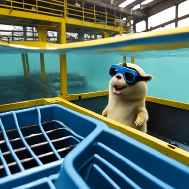 Go Blue Gopher inspecting deep sea fish farming cages from a service boat.
