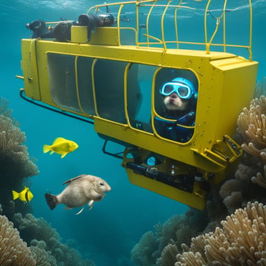 Go Blue Gopher inspecting deep sea fish farming cages from a service boat.