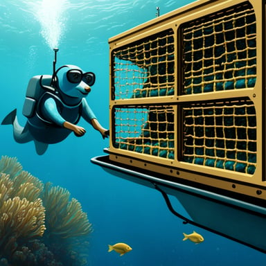 Go Blue Gopher inspecting deep sea fish farming cages from a service boat.
