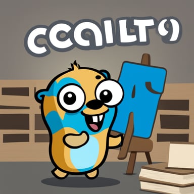 A happy Go Blue Gopher painting a logo that says Clarify.