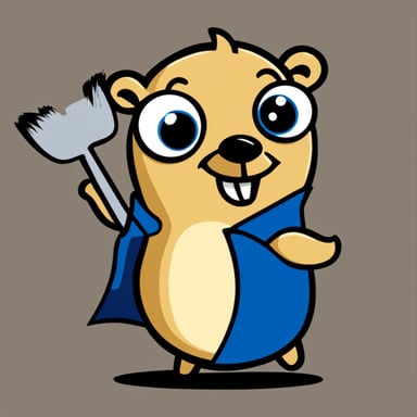A happy Go Blue Gopher painting a logo that says Clarify.