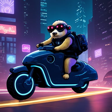 A go blue gopher in a cyberpunk city, riding a neon-lit hoverbike.