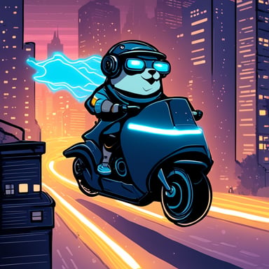 A go blue gopher in a cyberpunk city, riding a neon-lit hoverbike.