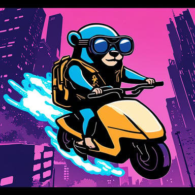 A go blue gopher in a cyberpunk city, riding a neon-lit hoverbike.