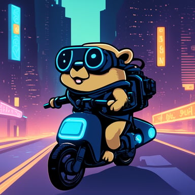 A go blue gopher in a cyberpunk city, riding a neon-lit hoverbike.