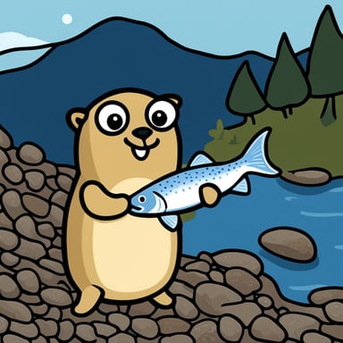 A go blue gopher holding a large salmon in a coastal environment.