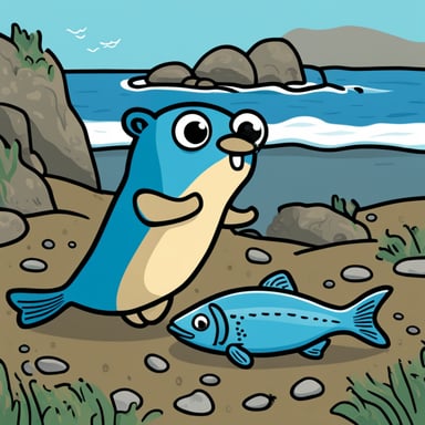 A go blue gopher holding a large salmon in a coastal environment.